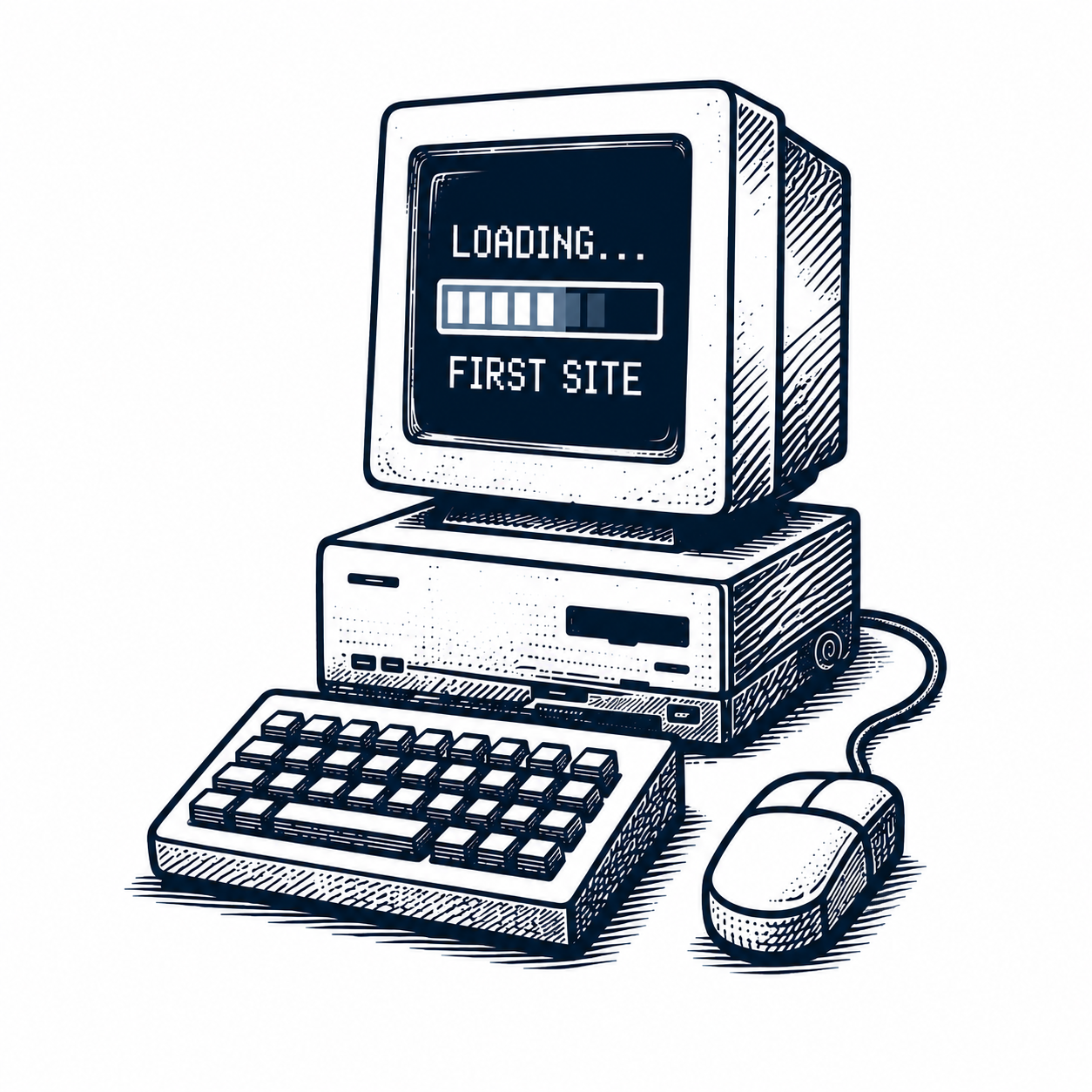 Illustration of a vintage CRT computer, keyboard and mouse